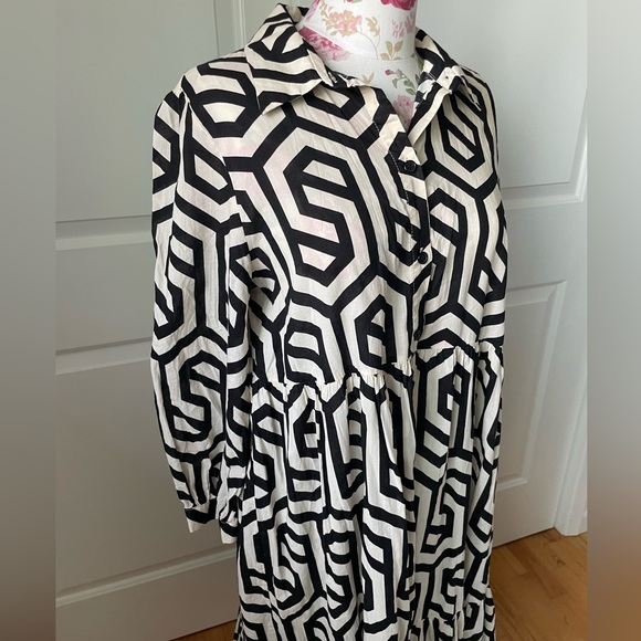 Zara Black White Print A-Line Long Sleeve Shirt Casual Maxi Dress Size Large - Picture 9 of 13